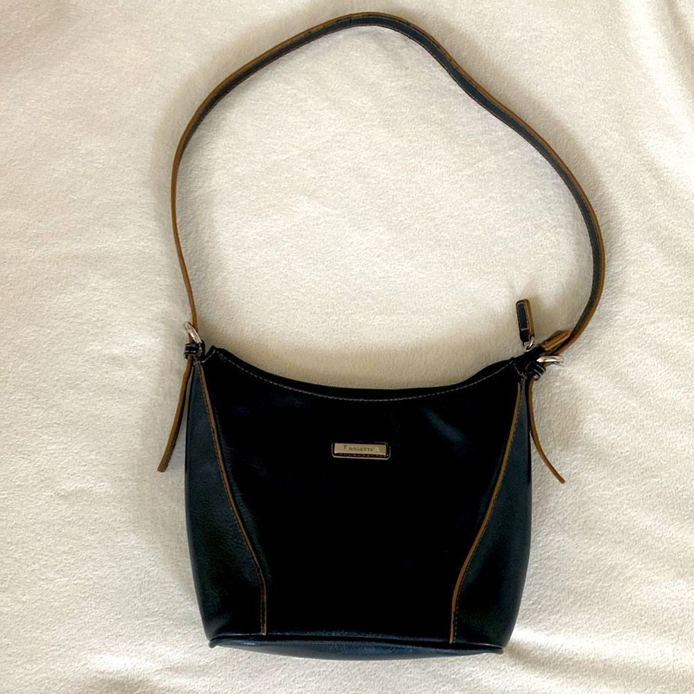 Rosetti Black Faux Leather Shoulder Bag Tan‎ Trim Adjustable Strap Zip Pocket